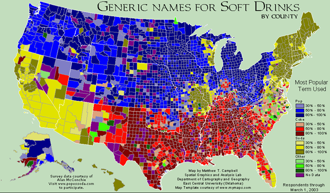 Generic names for soft drinks in the U.S. People call soft drinks pop, coke, soda, or completely different ways.