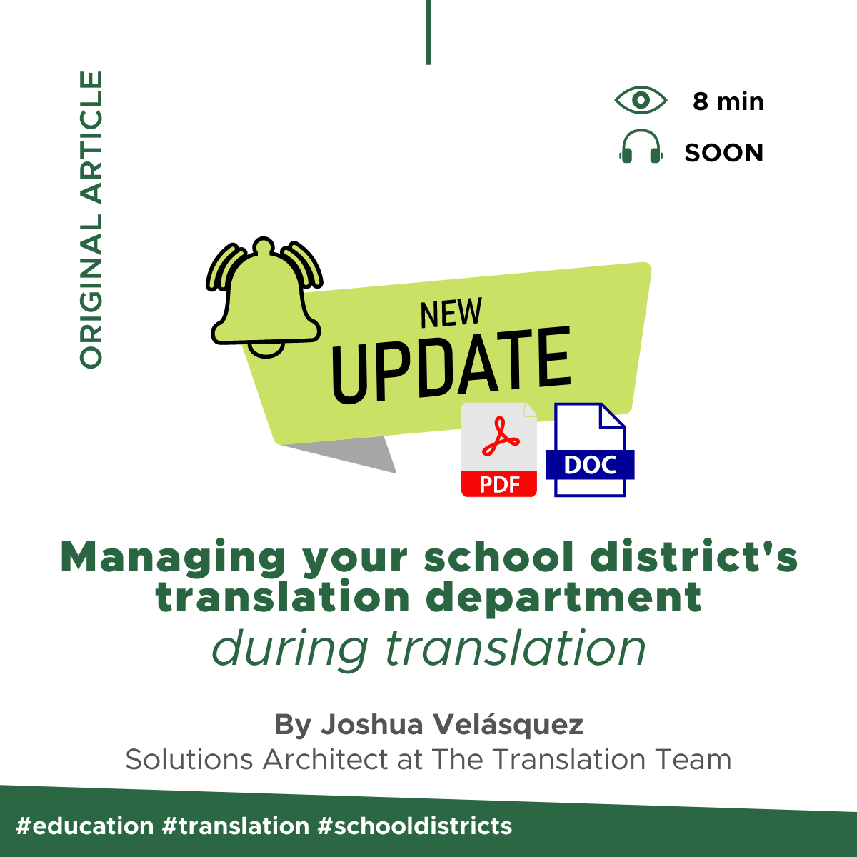 Blog title: Managing your school district's translation department during translation / Author: Joshua Velásquez / Reading time: 8 minutes / Audio will be available soon.