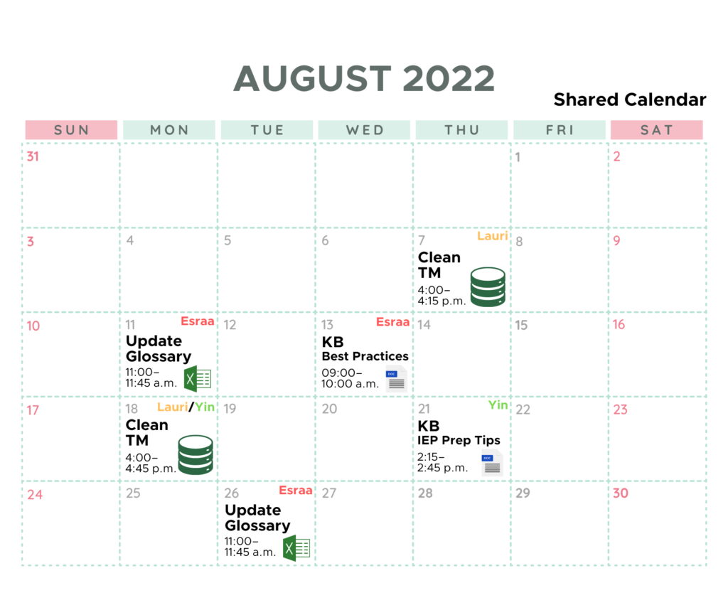 An image of a calendar with some dates blocked with specific activities. For instance "Clean TM," "Update Glossary,", "KB IEP Prep Tips."