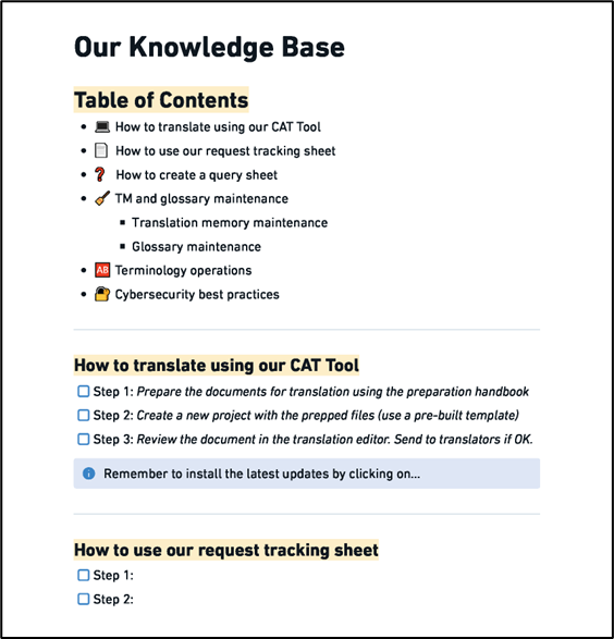 A sample of how you can structure your school district translation department's knowledge base.