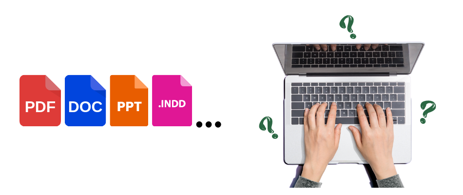 Image of a doubtful person writing on a laptop, and there are some flying PDF, InDesign, and Illustrator file format icons.