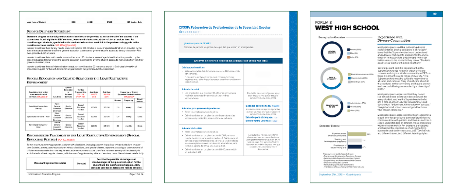 An image of three documents commonly translated by school districts: superintendent reports, IEP reports, and handbooks.